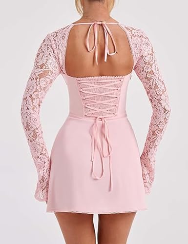 Image of Women 's Elegant Bodycon Dress Lace Patchwork Long Sleeve Low Cut Mini Dress Backless Tie-up Going Out Dress