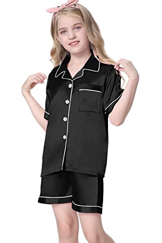 Image of Umeyda Women & Girls Pajamas Set, Soft Satin Lightweight Silk Button-Down Top with Shorts 2 Piece PJS for Mom Boys Kids Gifts