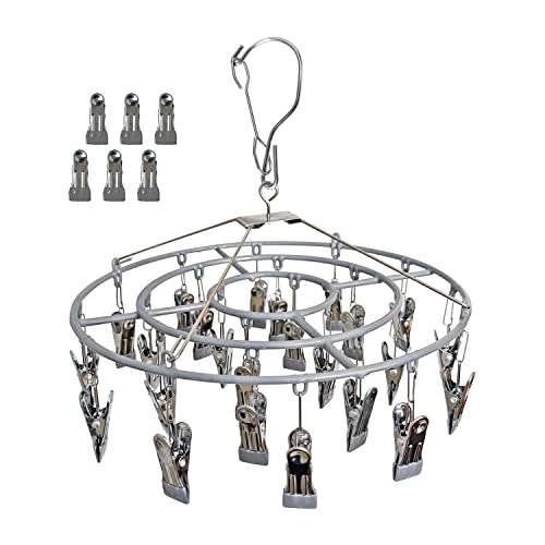 Funamily Stainless Steel Laundry Drying Rack Clothing Sock Drip Clothes Drying Hanger with 24 Clips, Swivel Windproof Hook Round Heavy Duty Underwear Hanger for Indoor Outdoor Wet and Dry (Grey)