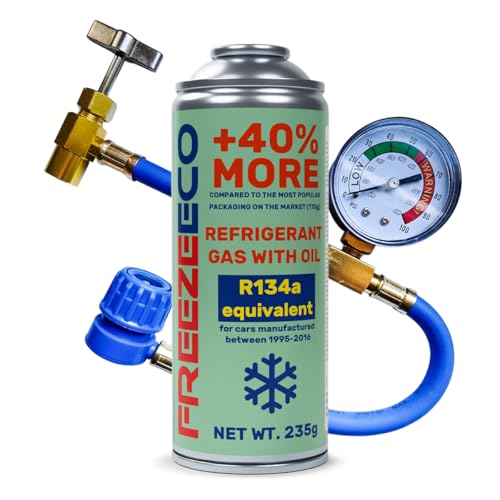 FREEZEECO Replacement Refrigerant R134a for Car Air Conditioners - 1 Can 2-in-1 235g + Pressure Line with Pressure Gauge