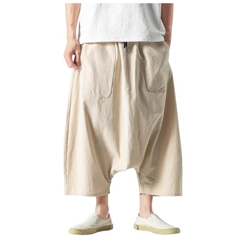 SUWBMHWE Boho Pants Men Men's Harem Elastic Drawstring Lounge Toji Linen Solid Color Beach Yoga Japanese Clothes for Hippie Shorts Going Out Elegant Trendy Trousers Khaki