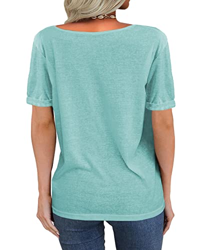 Image of Danedvi Women Deep V-Neck Short Sleeve Tops Solid Casual Loose T Shirt