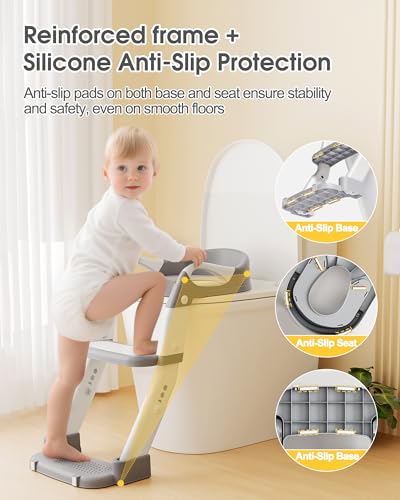 Miniatura 4 de Yucch Adaptador Wc Niños Nuevo 2 En 1 Escalera Wc Niños Plegable Y Ajustable, Portátil, Con Orinal Infantil Extraíble Y Cojín Suave Para Potty Training 1 6 Años, Gris