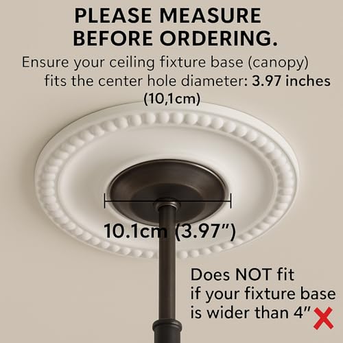 Image of 12 Inch OD x 4inch ID White Ceiling Medallion Plate - PU Plastic Decorative Cover for Fan, Light Fixtures, Chandelier Canopies - Traditional, Retro, and Minimalist Home Lighting Replacement