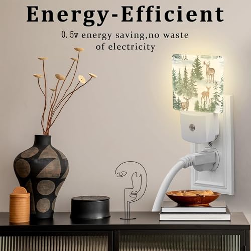 Image of Winter Deer and Snowy Forest Night Light for Kids,Christmas Pine Trees Deer Night Light Plug in with Dusk to Dawn Sensor,0.5w Energy Saving Nightlight for Hallway Stairway Kitchen Bedroom
