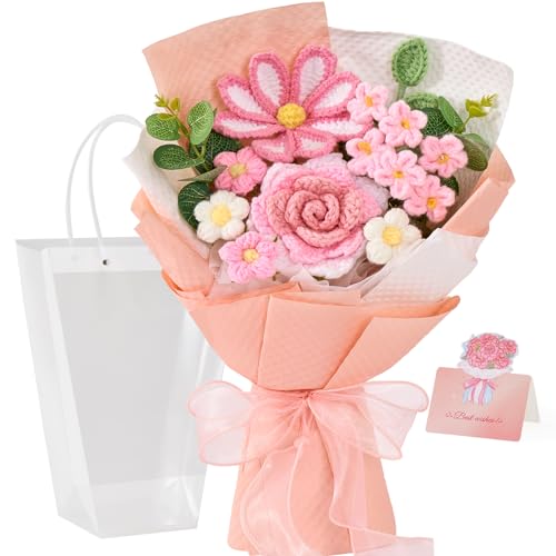 Alecono Crochet Flower Bouquet Pink Handmade Knitted Rose Floral Set
