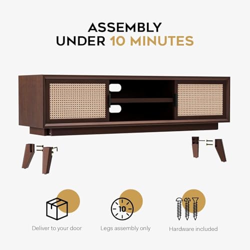 Image of Premium Solid Wood, 10 Minutes Assembly (Legs Only), Aesthetic Rattan Doors, Mid Century Entertainment Center for Living Room, TV Stand for 65 inch TV, Dark Chocolate (Walnut Colour)