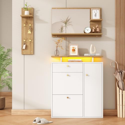 Set di 3 appendiabiti, con illuminazione a LED, specchi, cappelli e scarpiera, con 4 ganci, naturale/bianco, 105 x 25 x 151,5 cm, per corridoio, ingresso