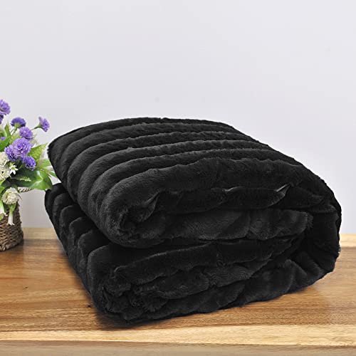 Bytide Stripe Faux Fur Plush Throw Blankets With Sherpa Back, Super Soft Warm Cozy Fluffy Fuzzy Reversible Luxury Throw For Couch Sofa Chair Bed Cover, 60" X 80", Black #TOP2