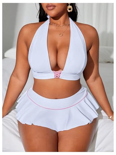 MakeMeChic Women's Plus Size Bikini Sets Criss Cross Halter Tie Back Ruffle Swimsuits3