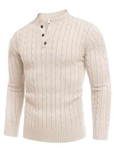 Image of COOFANDY Men Casual Knit Sweater Quarter Button Knitted Twisted Pullover Sweater Cream Color