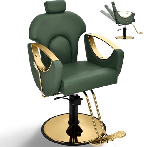 Tythical Salon Chair for Hair Stylist, 360° Swivel Reclining Barber Hair Styling Chair, Height Adjustable Spa Beauty Equipment for Home Barbershop, Green Gold