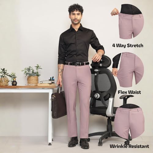 Image of SUBTRACT Men 4 Way Stretch Wrinkle Free Slim Fit Formal Trouser in with 2 Inch Flexible Waistband | Men's Trousers for Office Or Party