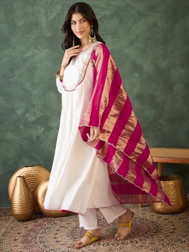 Image of Naixa Women's Chanderi Embroidered Flared Kurta with Pant and Dupatta Sets (NX-762)