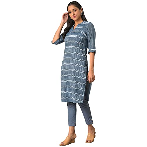 Image of Aurelia Women's Cotton Straight Fit Straight Solid Regular Floral Printed Kurta