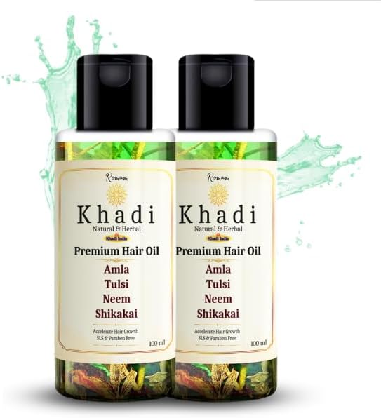 ROM-OIL-B1 | KHADI Natural Premium Hair Oil | Soothes Scalp & Reduces Dandruff | SLS & Paraben Free (Khadi Hair Oil, Amla, Tulsi, Neem & Shikakai (Pack of 2))