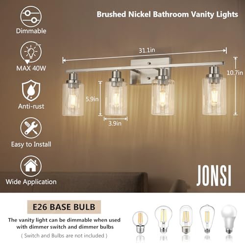 Image of Jonsi Brushed Nickel Bathroom Light Fixtures, 4-Light Brushed Nickel Vanity Light, Bathroom Vanity Light with Stripe Glass Shade, E26 Wall Sconces Over Mirror for Bathroom, Living Room, Hallway