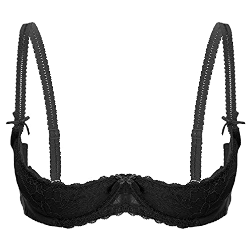 QinCiao Womens Lace Bra Half Cup Open Bra Underwired Bra Nightclub Sexy Open Nipple Bra Underwear Black Medium
