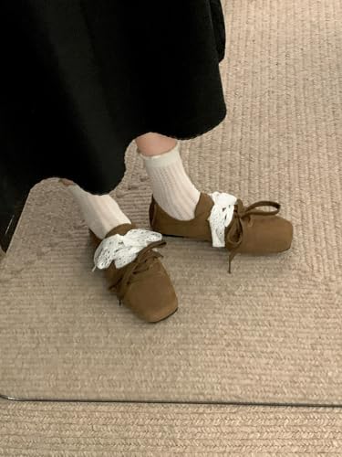 ZQW Women's Y2K Suede Square Closed Toe Lace Up Double Bows Flats Walking Casual Slip On Dressy Comfortable Ballerina Shoes3