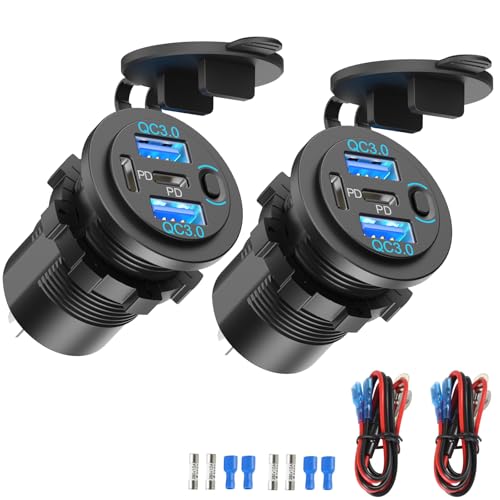 Image of 2 Pack Dual PD 30W USB C Port and Dual Quick Charge 3.0 Port 12V USB Outlet with Power Switch, 78W Multiport Car Charger Socket Waterproof DIY Accessories for Car Boat Marine Motorcycle RV ATV