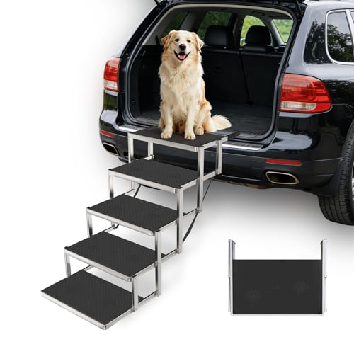 Dog Steps for Car & SUV – 5-Step Foldable Pet Stairs for Large Dogs, Non-Slip Heavy-Duty Plastic Dog Stairs, Lightweight & Portable Vehicle Access, Great Alternative to Dog Ramp for Truck