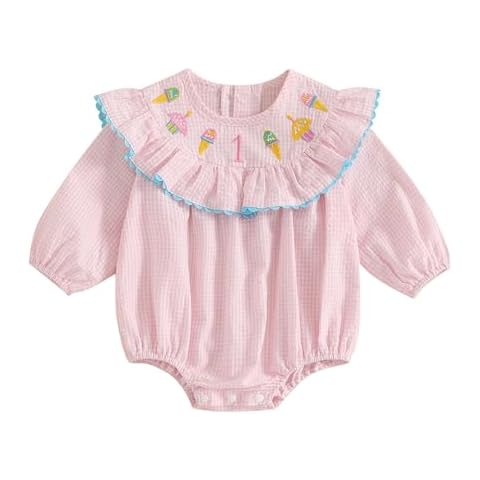 BULINGNA Baby Girl First Birthday Outfit Ice Cream Rainbow Embroidery Ruffle Plaid Romper One Year Old Onesie Fall Clothes (Ice Cream, 12-18 Months) Cover