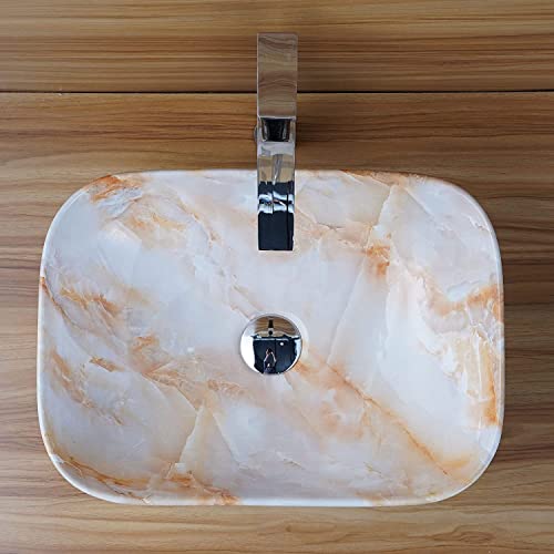 Image of REMOTION Designer Glossy Finish Table Top Ceramic Wash Basin Vessel Sink with Slim Rim |Collapsible Wash Basin | Vessel Sinks For Bathrooms (White-Cream Strip Wash Basin, 18 x 13 x 5.5 Inch)