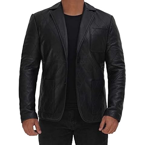 VOLLENCCI Mens Black Quilted Leather Blazer, Real Lambskin Mens Leather Jacket (XL) Cover