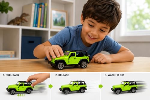 Image of Braintastic Model Diecast Car Toy Vehicle Pull Back Friction with Openable Doors Light & Music Toys for Kids Age 3+ Years (Thar Jeep Small Green)