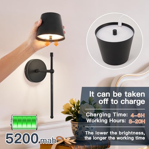 Image of TaoFiaCo Battery Operated Wall Sconces Set of 2,Wireless Wall Sconce Black | 5200mAh Rechargeable, Remote, Timer, Dimmable, Cordless Wall Light for Bedroom Living Room, Hallway, Light Decor
