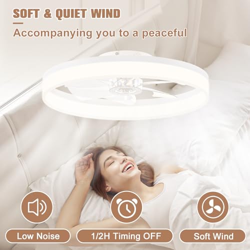 Image of VOLISUN Low Profile Bladeless Ceiling Fans with Dimmable LED Light, 23.6in Flush Mount for Bedroom (White)