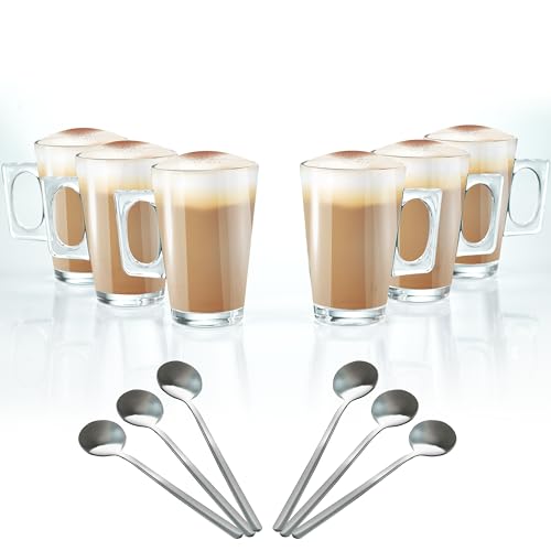 Crystals Glasses Set: 6 Latte Mugs, 240 ml, Temperature Resistant - Stylish Cups for Hot Drinks, Ideal for Latte, Espresso, Cappuccino & Hot Chocolate - Transparent