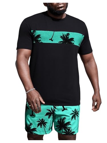 Floerns Men's 2 Piece Boho Outfit Tree Print Tee Shirt with Beach Shorts Set