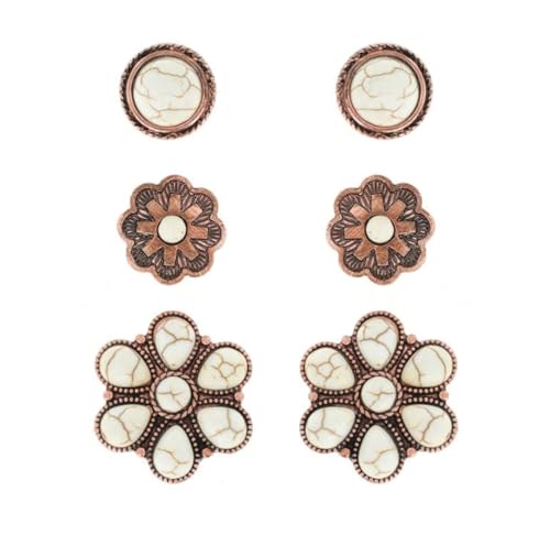 NIVEK Set of 3 White Turquoise Color Stud Earrings Copper Antique Finish Western Boho Flower Round Bohemian Southwestern