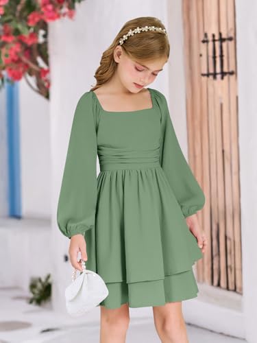 Girls Fall Dress Long Sleeve Dresses Smocked Ruched Square Neck Tiered Flowy Casual Formal Tween Dress 5-14 Years3