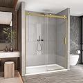 Sunrosa Semi-Frameless Glass Shower Door, 51-55" W x 76" H Single Sliding Shower Door with Tempered Glass 5/16"(8mm), Brushed Gold