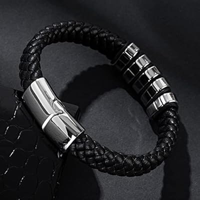 Leather Bracelet for Men Braided Cuff Wristband Stainless Steel Clasp in Silver and Gold Jewellery Gift