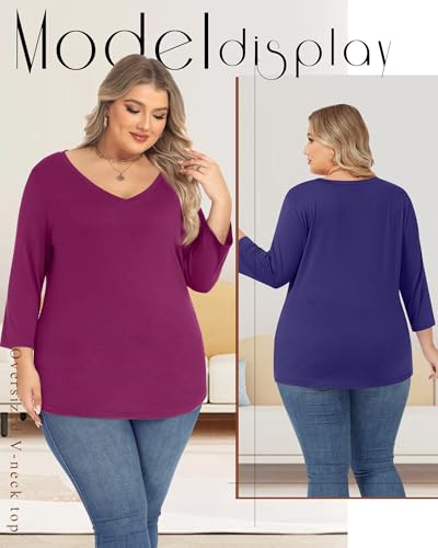 Ficerd 3 Pack Cotton Plus Size 3/4 Sleeve Tops for Women V Neck T-Shirts Casual Loose Fit Trendy Basic Tees Clothes3