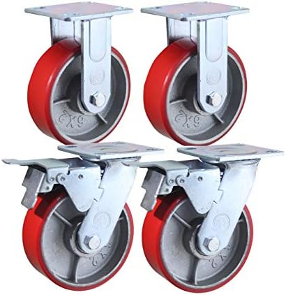 6 Inch Caster Wheels Heavy Duty - 6" X 2" Industrial Casters - 2 Fixed and 2 Swivel Caster Wheels with Brakes - Cast Iron Plate Casters Set of 4 Heavy Duty - 3500 lb Capacity - Foghorn Construction
