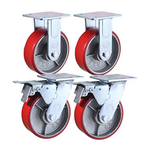 6 Inch Caster Wheels Heavy Duty - 6" X 2" Industrial Casters - 2 Fixed and 2 Swivel Caster Wheels with Brakes - Cast Iron Plate Casters Set of 4 Heavy Duty - 3500 lb Capacity - Foghorn Construction