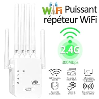 Répéteur WiFi Puissant, Amplificateur WiFi 6 Antennes Extérieur, Couverture 300 m², Répéteur/AP Mode, 2 Ports LAN, Installation Rapide pour Maison/Bureau