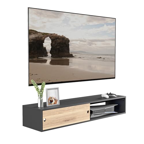 El Mejor Listado de Centro de Entretenimiento Con Repisas los 5 mejores. 41 Mueble Flotante para TV | Ideal para TV | Diseño con Textura de Madera | Espacio Decorativo y de Almacenamiento | Materiales de Alta Calidad | Mueble Organizador para Sala (Negro)