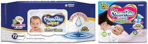Image of MamyPoko Diaper Extra Absorb NB /XS 17 Count Baby Wipes Extra clean 72