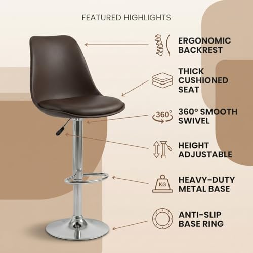 Image of activa Rapid Bar Stool Chair with Height Adjustable Design, Padded Seat & Footrest | Modern Metal Counter Stool for Kitchen, Home, Bar & Cafe Seating | Durable Comfort Chair (Brown, Set 2)