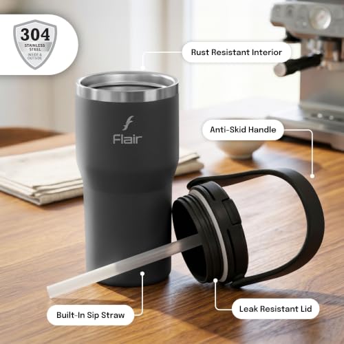 Image of FLAIR Rage Vacuum Insulated Coffee Tumbler 500 ml Black | 2-in-1 Lid (Straw & Sip)| 304 Double Wall Stainless Steel | Leak-Proof Lid | Hot & Cold Travel Mug with Handle | BPA-Free