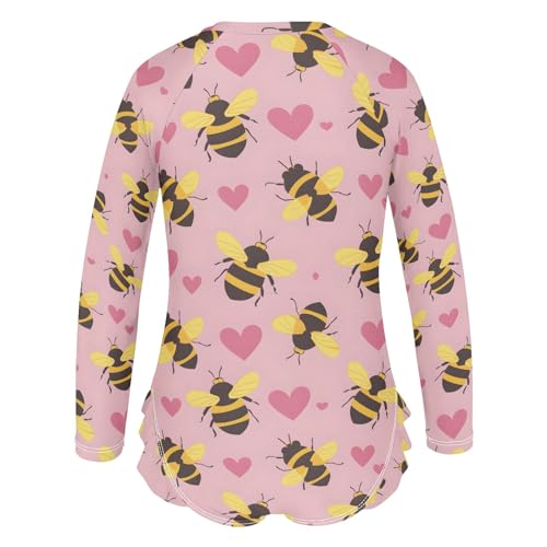 Bee and Heart Pink Girls Long Sleeve Swimsuit Rash Guard One Piece Bathing Suits Zipper 3-12T3