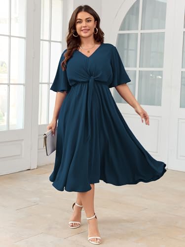 Image of SCOMCHIC Women Plus Size Midi Dresses Wedding Guest Short Sleeve V Neck Tie Waist Casual Summer Flowy A Line Dress