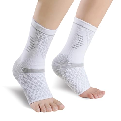 NuCamper Ankle Brace Compression Sleeve for Plantar Fasciitis Relief,Open Toe Compression Socks for Men &amp; Women,Foot Sleeves Ankle Support for Sports, Sprained Ankle, Achilles Tendonitis - White, L