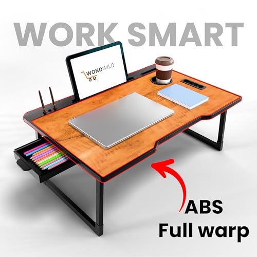 Image of WONDWILD Smart Multipurpose Foldable Laptop Table with Cup Holder, Study Table, Bed Table, Breakfast Table, Foldable and Portable /Ergonomic & Rounded Edges /Non-Slip Legs (ABS Wood)