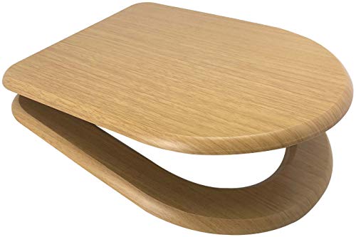 Euroshowers MDF White OR MDF Oak Wood Soft Close Toilet Seat with Top Fix/Blind Hole Fittings and Two Button Quick Release Hinges (D Shape Oak)